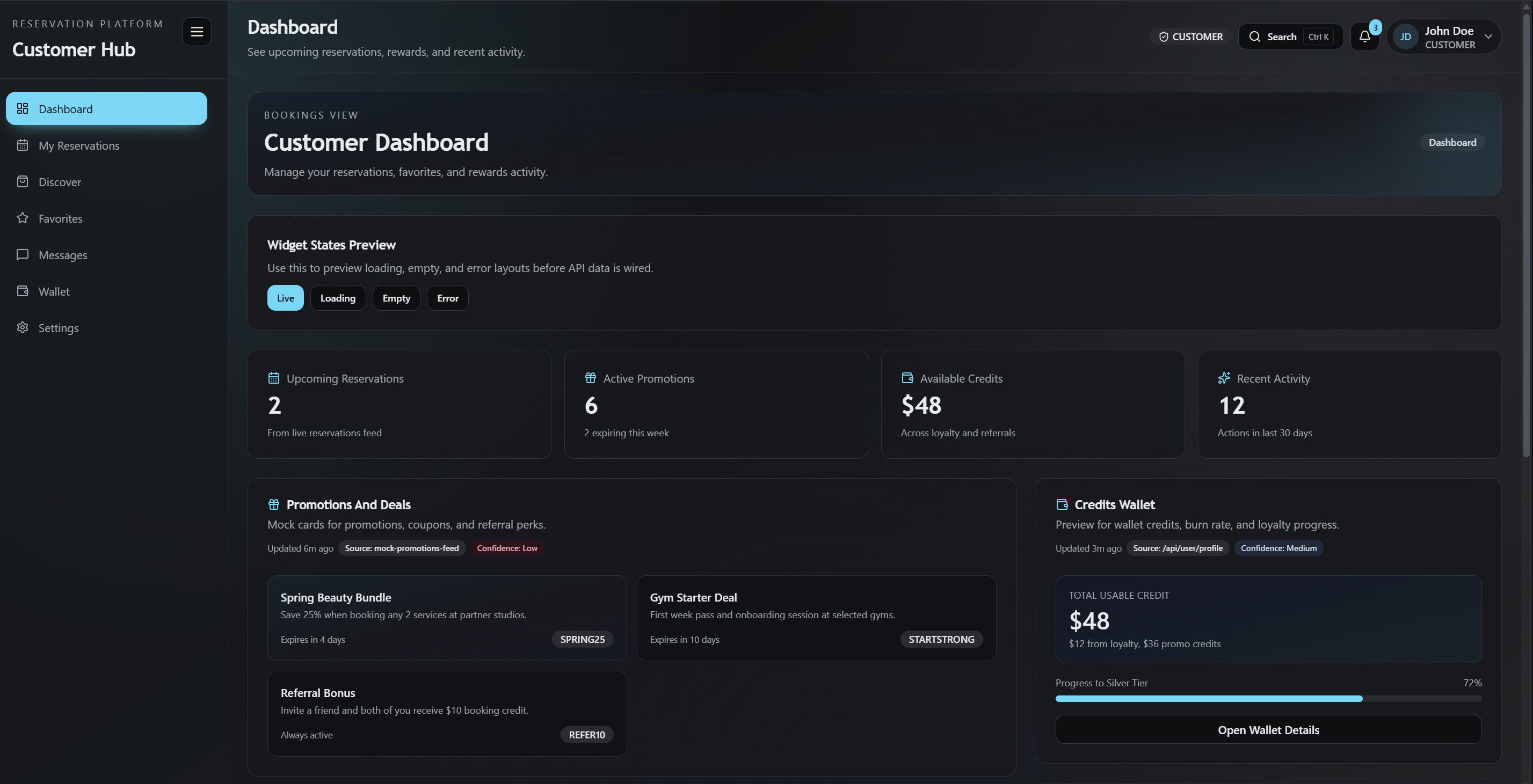Customer hub dashboard showing upcoming reservations, promotions, credits, and recent activity.