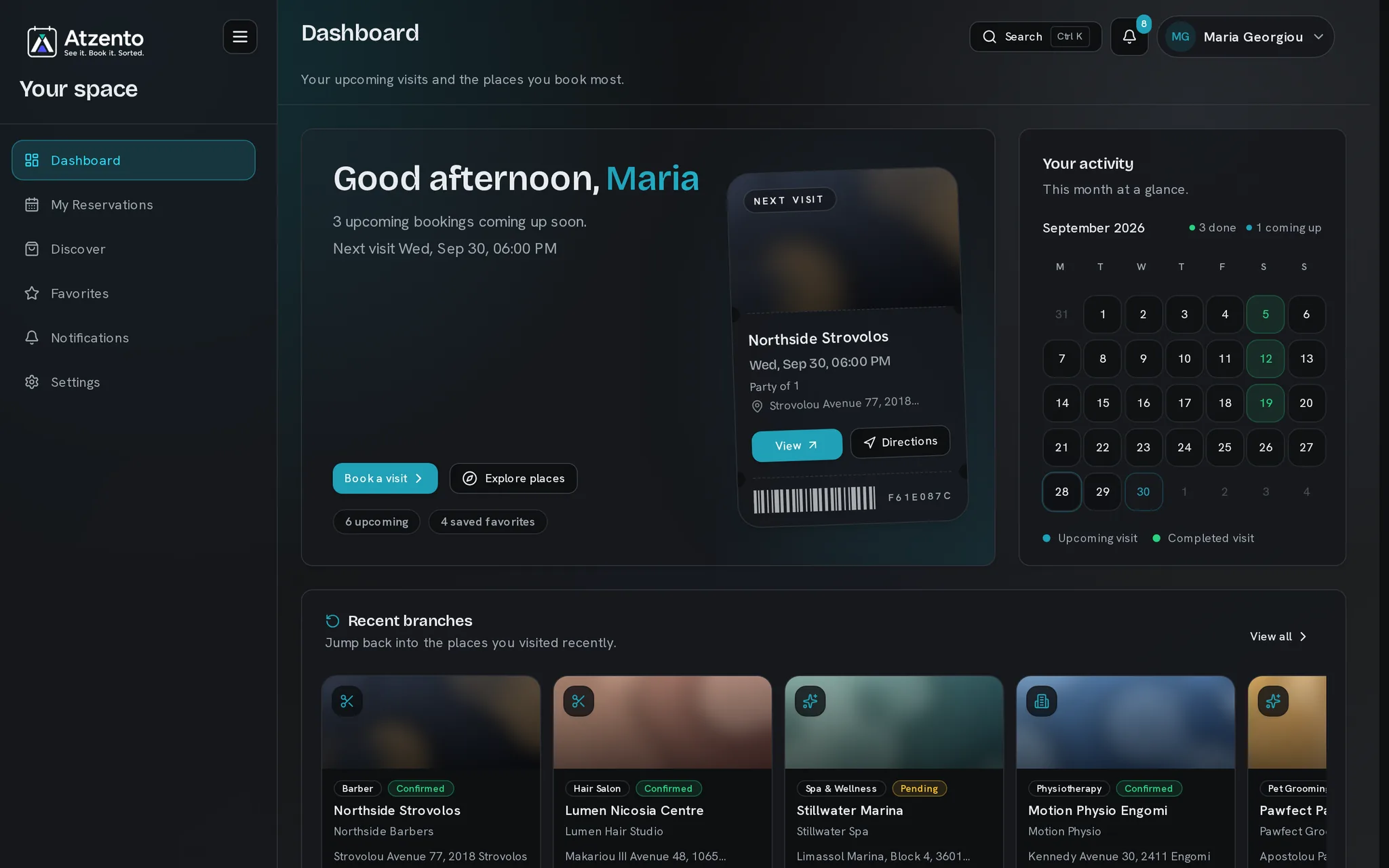 Customer hub dashboard showing upcoming reservations, a monthly activity calendar, and recent branches.