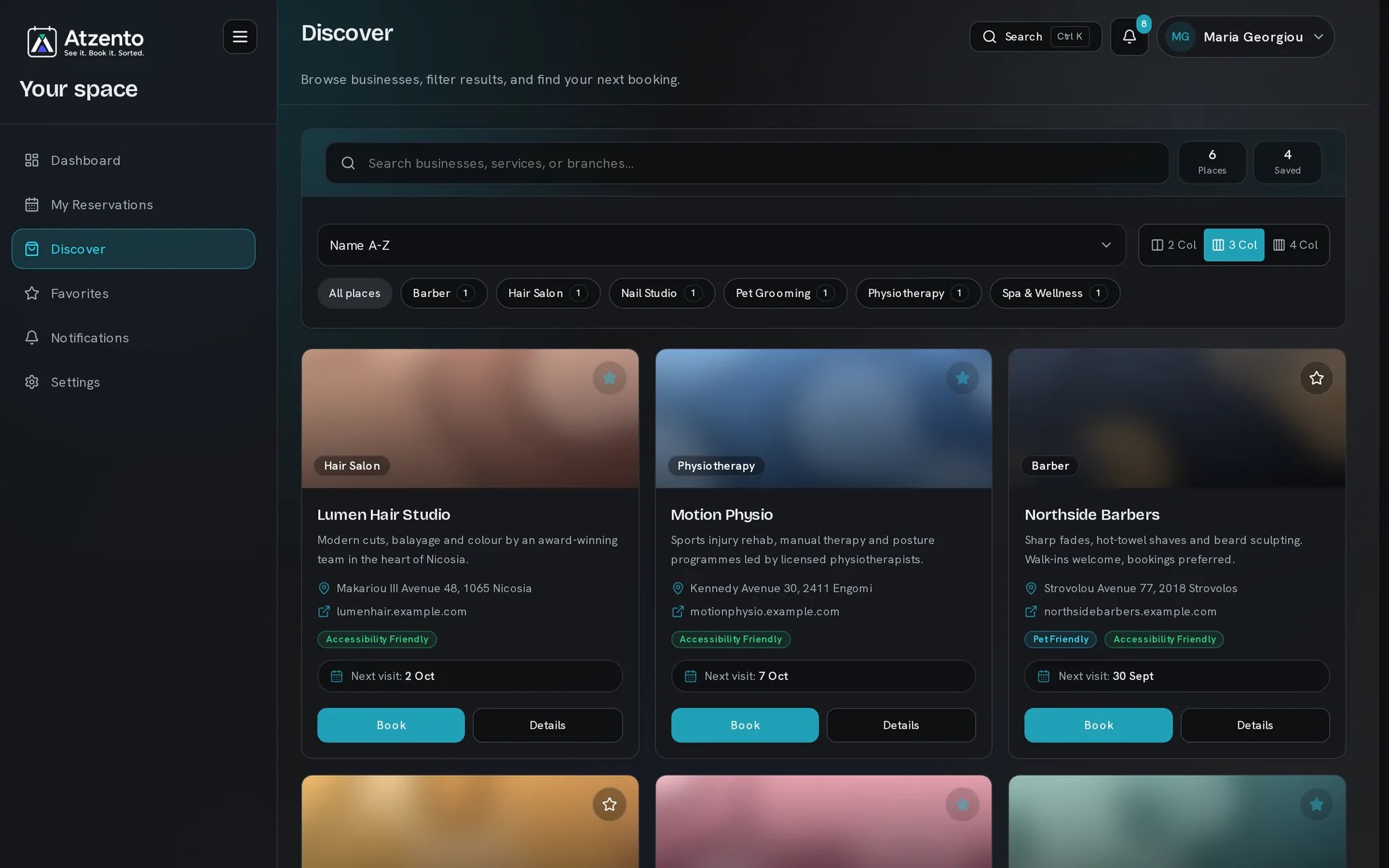 Customer discovery screen showing business search, filters, and booking cards.