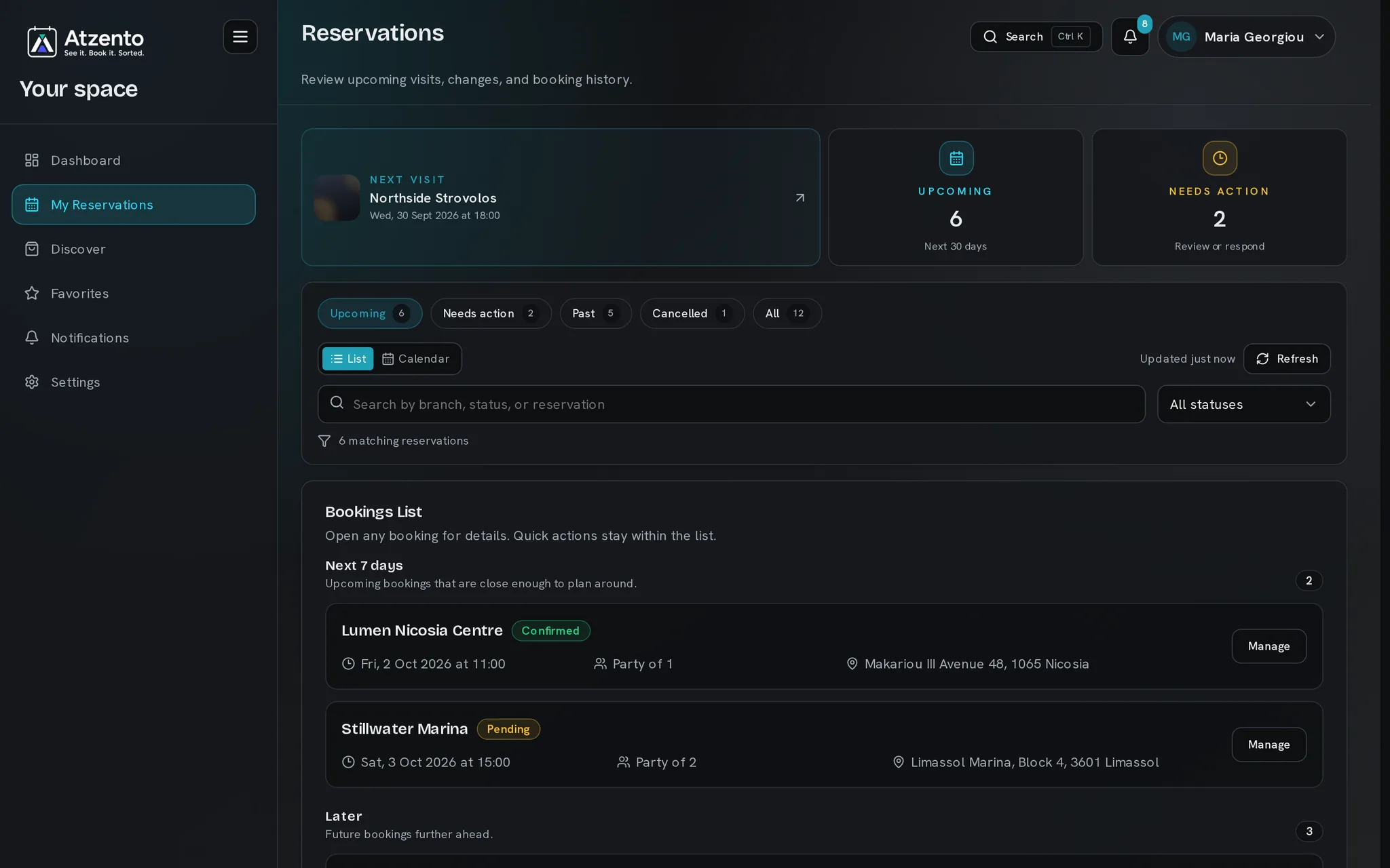 Reservations screen with search, status filters, and reservation details.