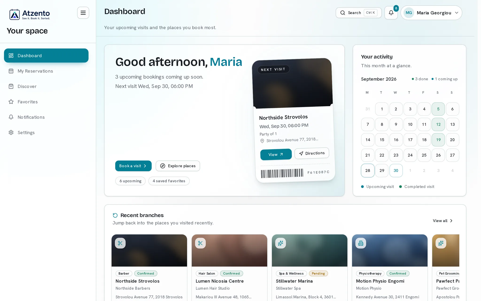Customer hub dashboard showing upcoming reservations, a monthly activity calendar, and recent branches.
