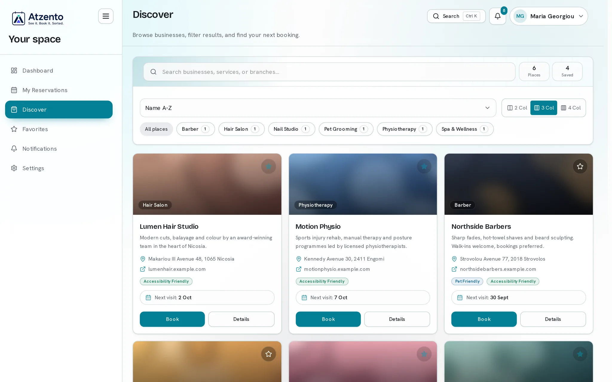 Customer discovery screen showing business search, filters, and booking cards.