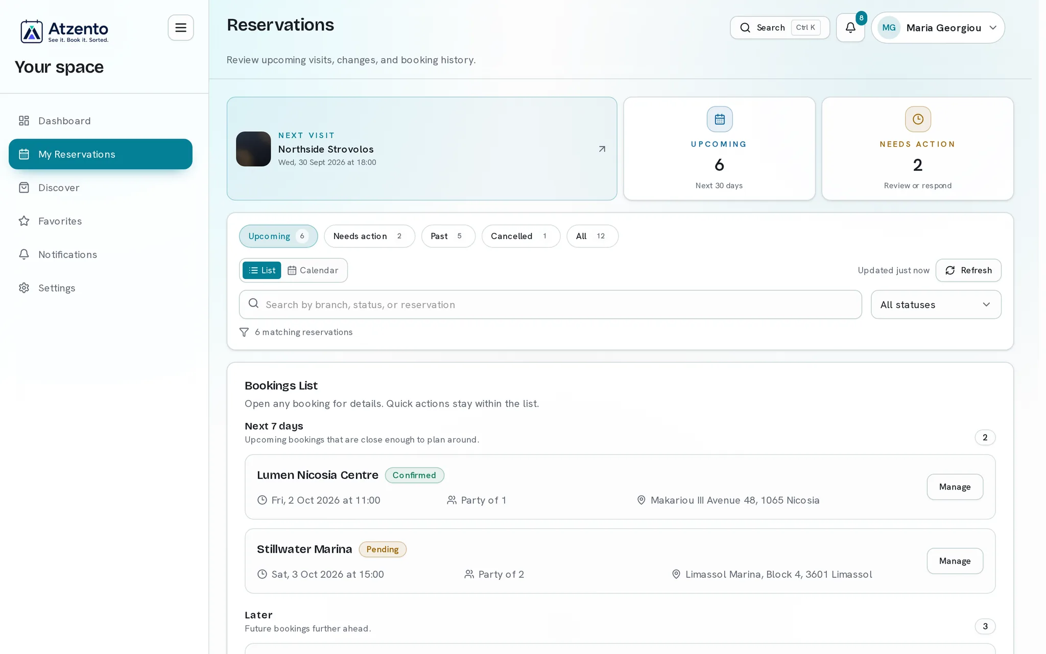 Reservations screen with search, status filters, and reservation details.